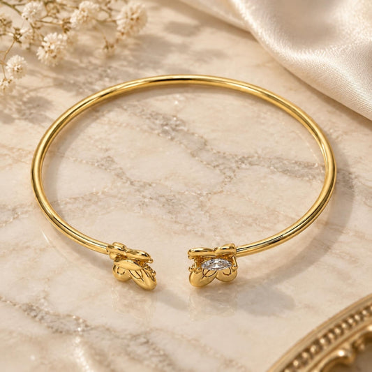 Oro Laminado Individual Bangle, Gold Filled Style Butterfly Design, with White Micro Pave, Polished, Golden Finish