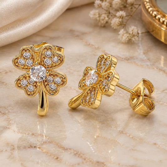 Oro Laminado Stud Earring, Gold Filled Style Four-leaf Clover Design, with White Micro Pave, Polished, Golden Finish