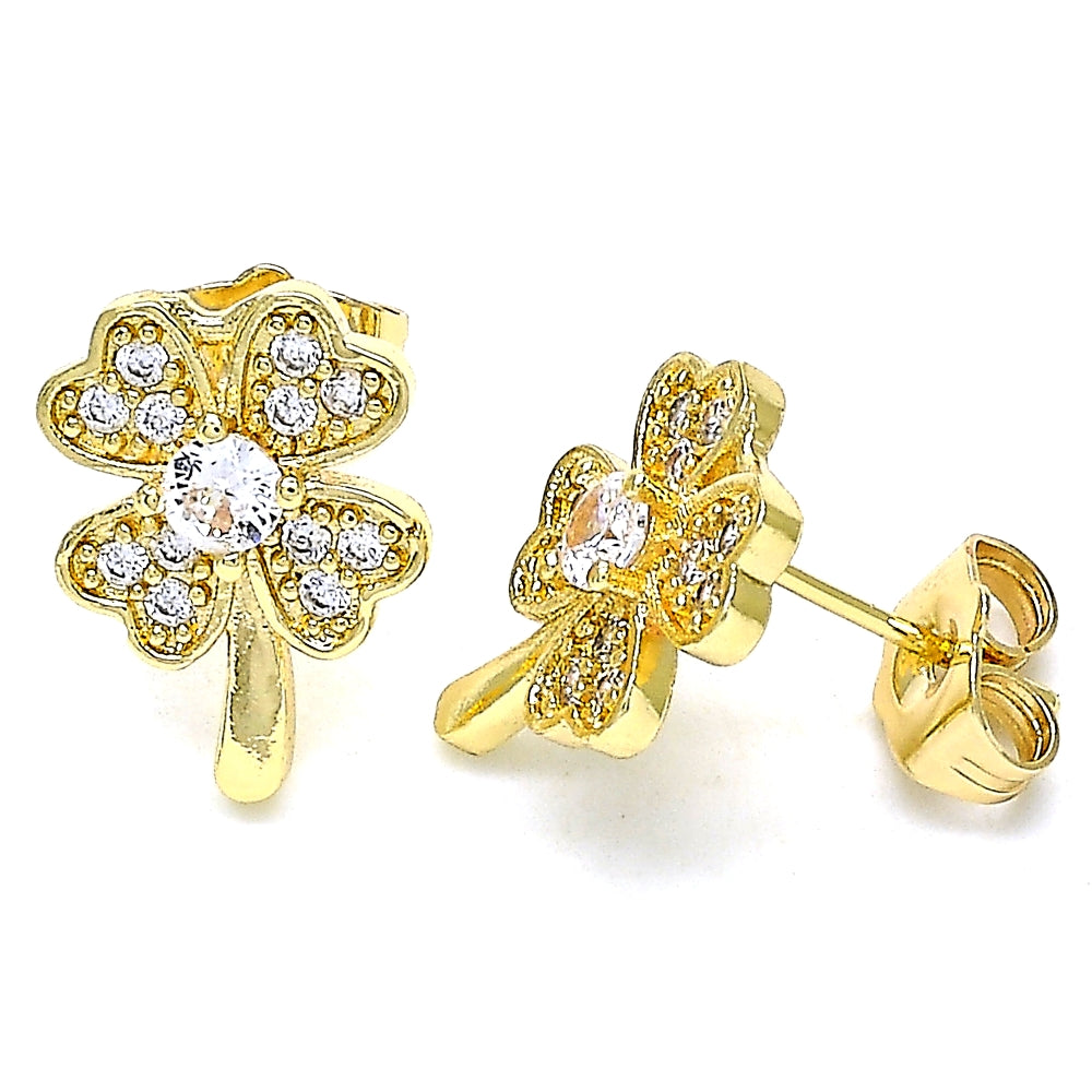 Oro Laminado Stud Earring, Gold Filled Style Four-leaf Clover Design, with White Micro Pave, Polished, Golden Finish