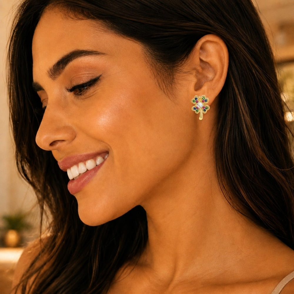 Oro Laminado Stud Earring, Gold Filled Style Four-leaf Clover Design, with Multicolor Micro Pave, Polished, Golden Finish