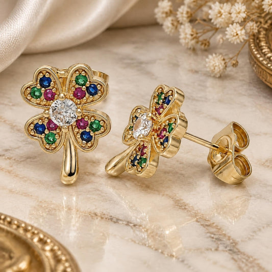 Oro Laminado Stud Earring, Gold Filled Style Four-leaf Clover Design, with Multicolor Micro Pave, Polished, Golden Finish