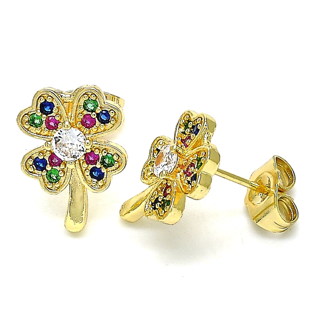 Oro Laminado Stud Earring, Gold Filled Style Four-leaf Clover Design, with Multicolor Micro Pave, Polished, Golden Finish