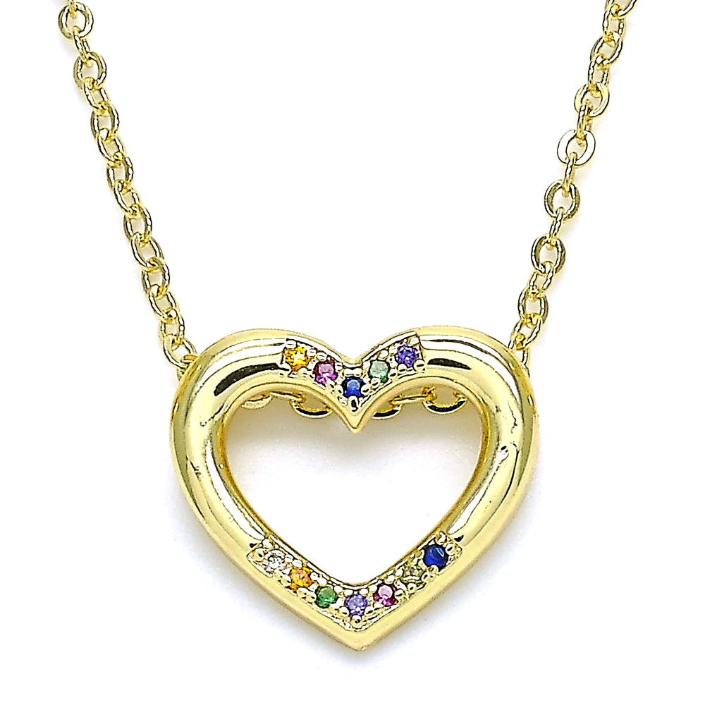 Oro Laminado Pendant Necklace, Gold Filled Style Heart Design, with Multicolor Micro Pave, Polished, Golden Finish