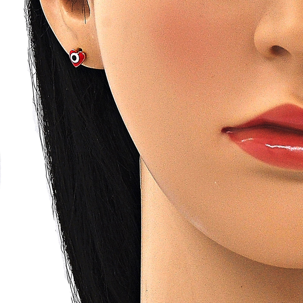 Oro Laminado Stud Earring, Gold Filled Style Evil Eye and Heart Design, Red Enamel Finish, Golden Finish