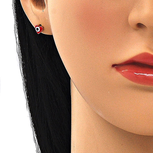 Oro Laminado Stud Earring, Gold Filled Style Evil Eye and Heart Design, Red Enamel Finish, Golden Finish