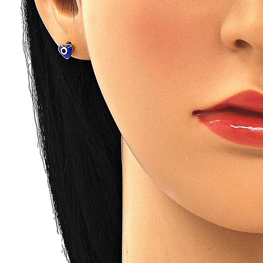 Oro Laminado Stud Earring, Gold Filled Style Evil Eye and Heart Design, Blue Enamel Finish, Golden Finish