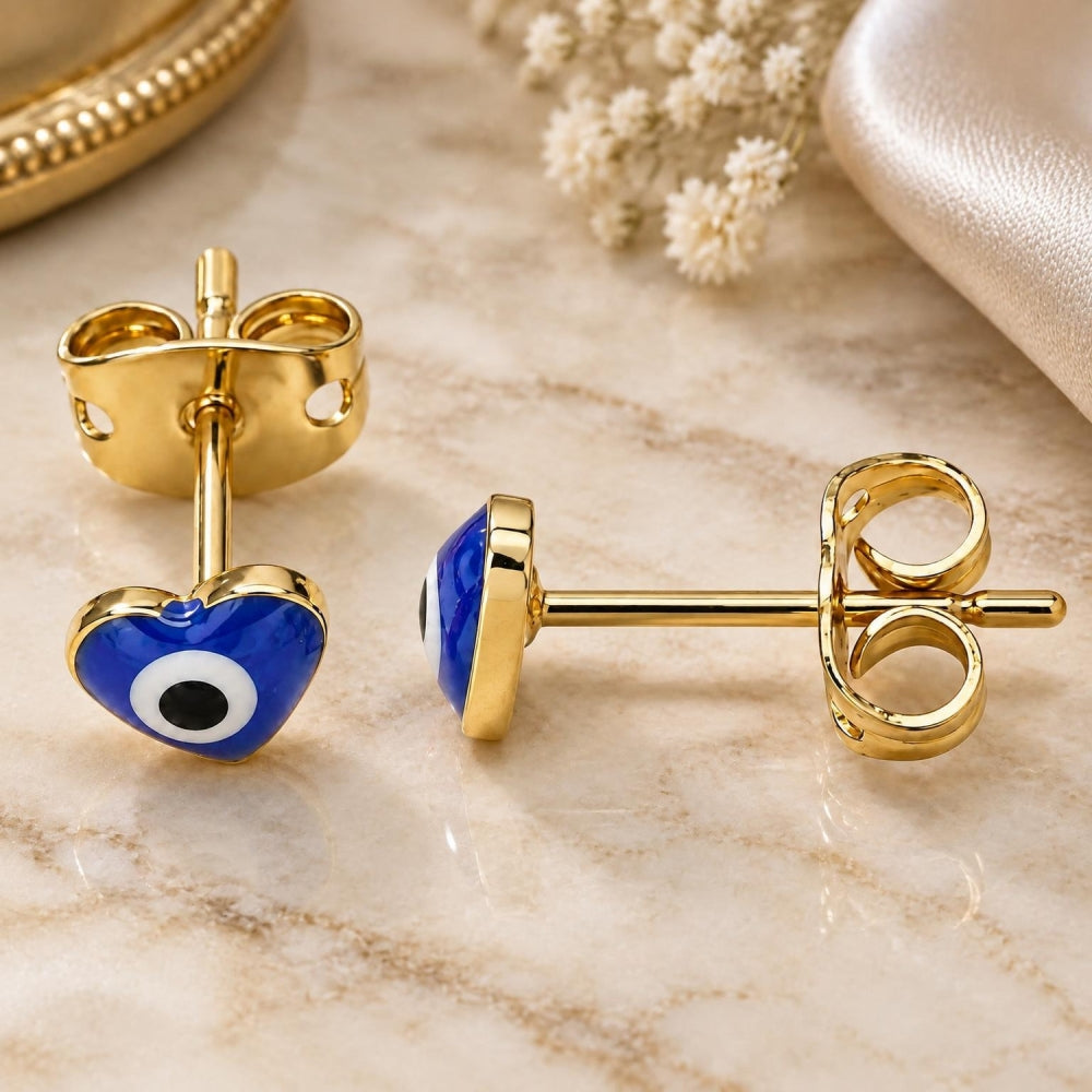 Oro Laminado Stud Earring, Gold Filled Style Evil Eye and Heart Design, Blue Enamel Finish, Golden Finish
