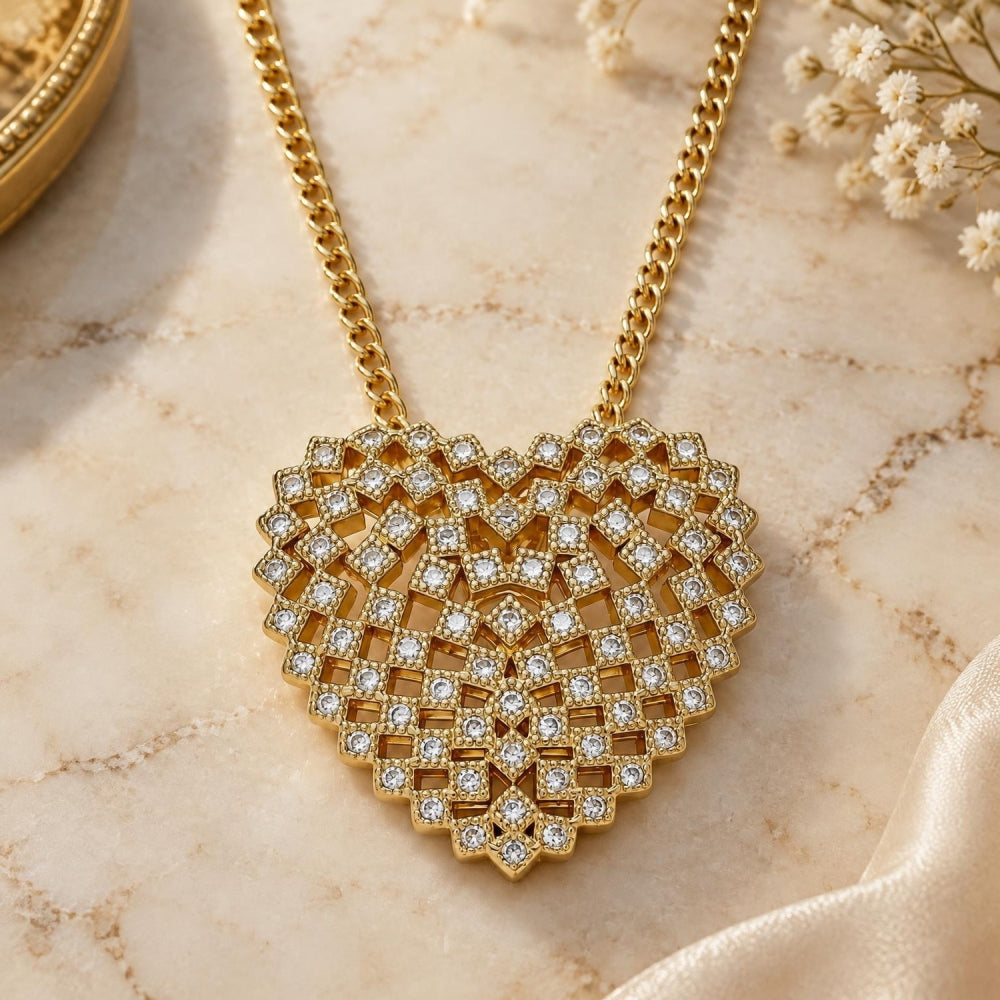 Oro Laminado Pendant Necklace, Gold Filled Style Heart Design, with White Micro Pave, Polished, Golden Finish