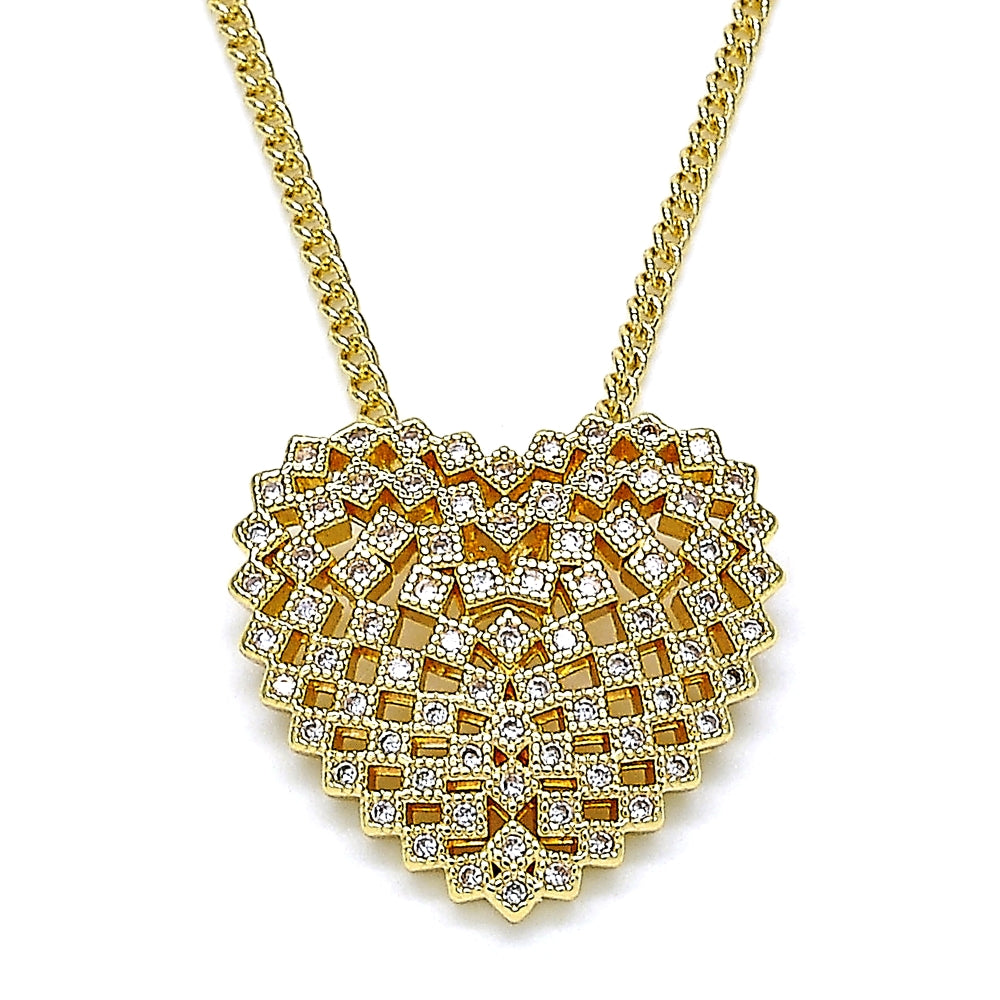 Oro Laminado Pendant Necklace, Gold Filled Style Heart Design, with White Micro Pave, Polished, Golden Finish