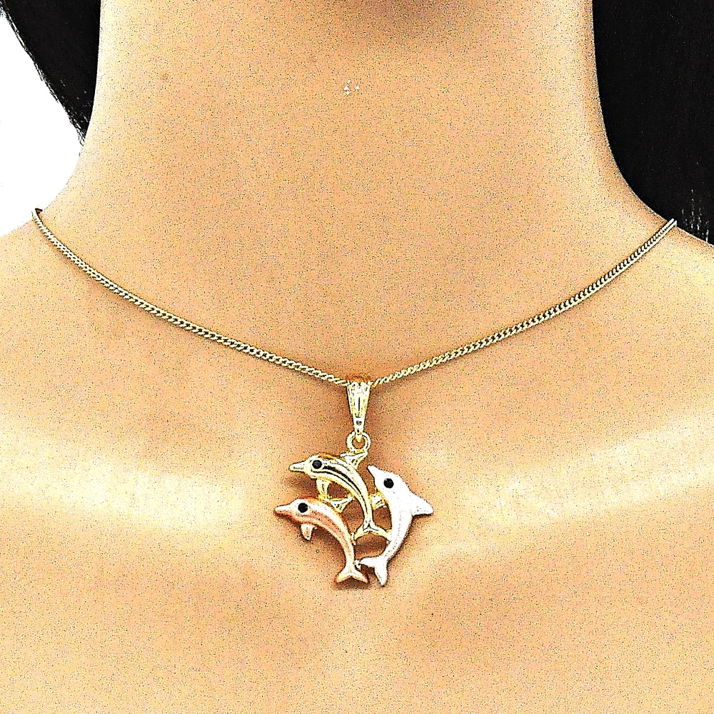 Oro Laminado Pendant Necklace, Gold Filled Style Dolphin Design, with Black Crystal, Polished, Tricolor