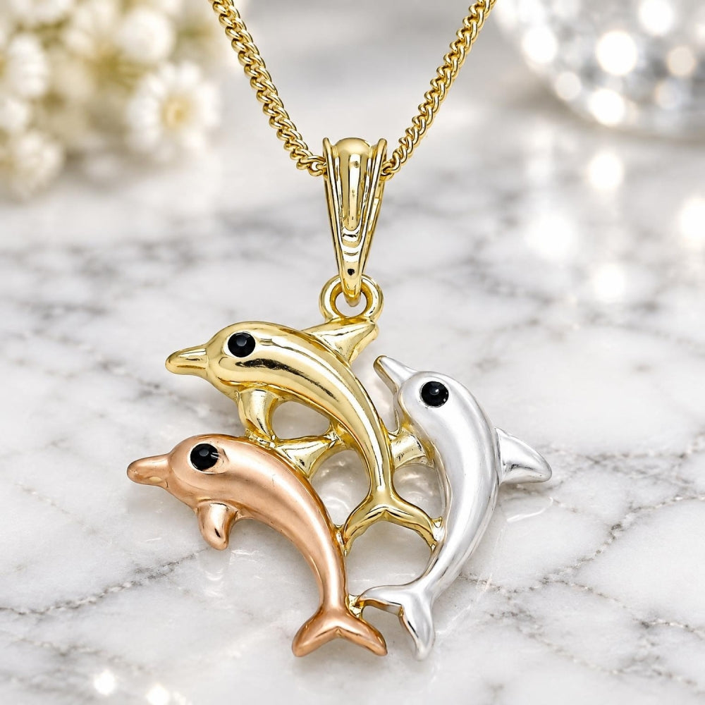 Oro Laminado Pendant Necklace, Gold Filled Style Dolphin Design, with Black Crystal, Polished, Tricolor
