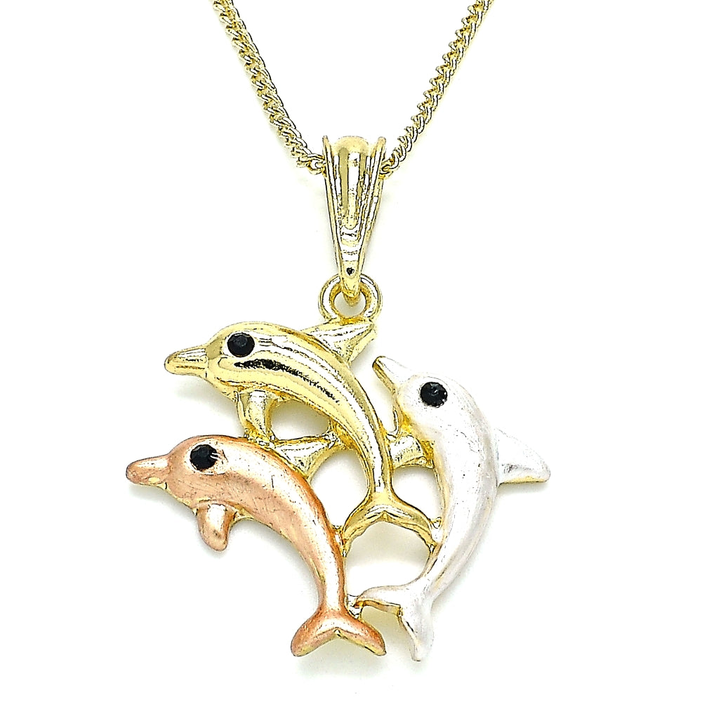 Oro Laminado Pendant Necklace, Gold Filled Style Dolphin Design, with Black Crystal, Polished, Tricolor