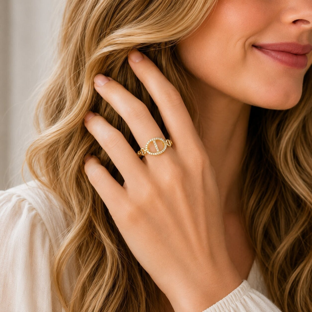 Oro Laminado Multi Stone Ring, Gold Filled Style Puff Mariner Design, with White Micro Pave, Polished, Golden Finish
