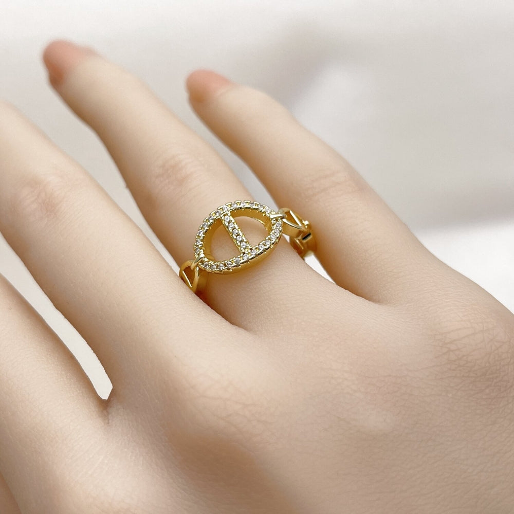 Oro Laminado Multi Stone Ring, Gold Filled Style Puff Mariner Design, with White Micro Pave, Polished, Golden Finish
