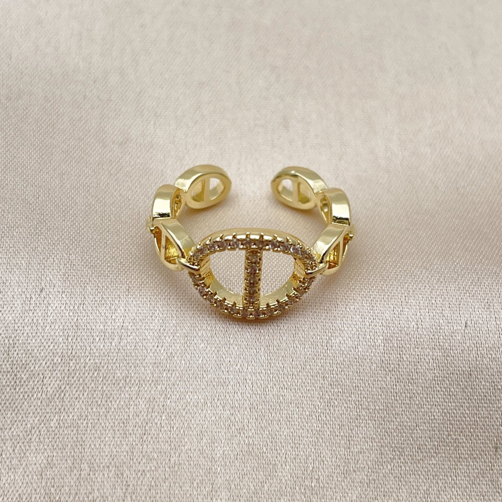 Oro Laminado Multi Stone Ring, Gold Filled Style Puff Mariner Design, with White Micro Pave, Polished, Golden Finish