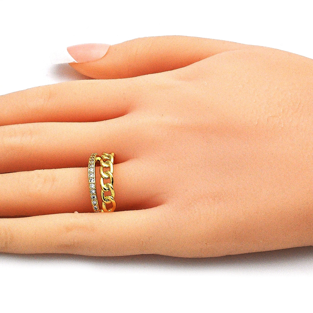Oro Laminado Multi Stone Ring, Gold Filled Style Curb Design, with White Micro Pave, Polished, Golden Finish