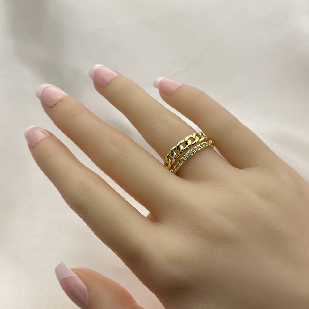 Oro Laminado Multi Stone Ring, Gold Filled Style Curb Design, with White Micro Pave, Polished, Golden Finish