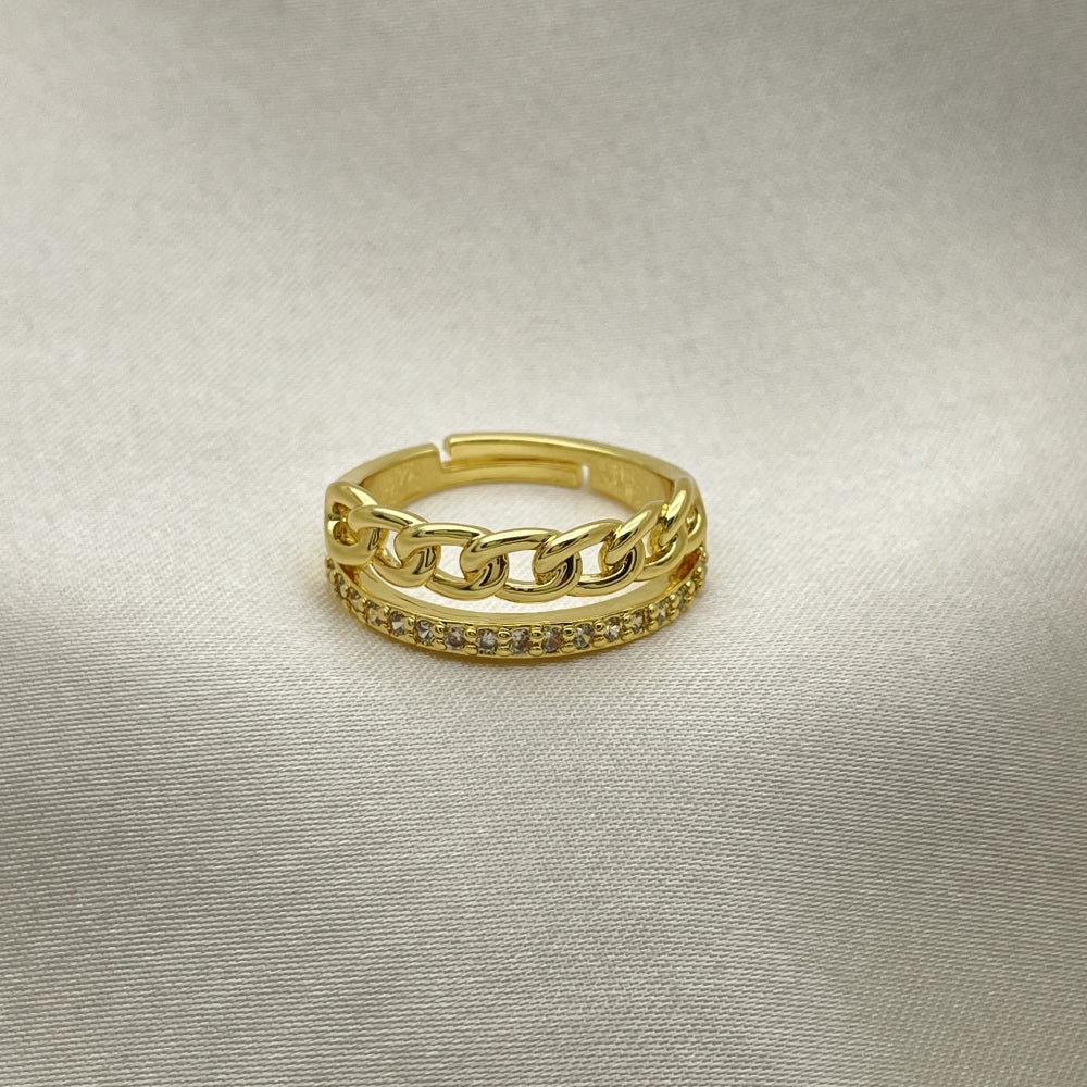 Oro Laminado Multi Stone Ring, Gold Filled Style Curb Design, with White Micro Pave, Polished, Golden Finish