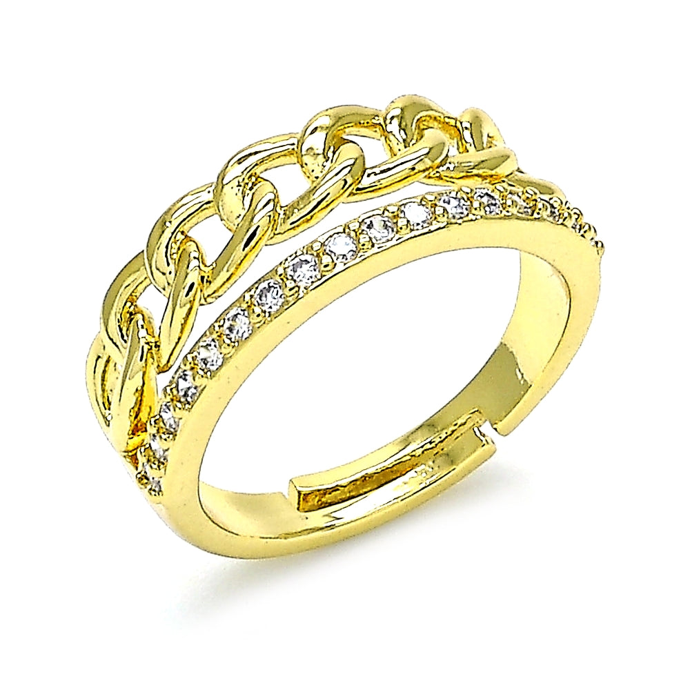 Oro Laminado Multi Stone Ring, Gold Filled Style Curb Design, with White Micro Pave, Polished, Golden Finish