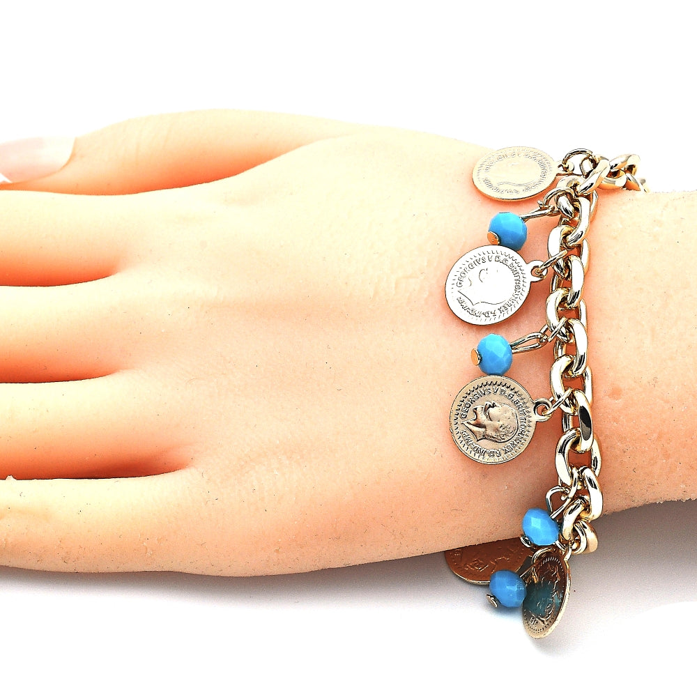 Oro Laminado Charm Bracelet, Gold Filled Style with Turquoise Crystal, Polished, Golden Finish