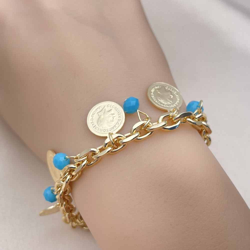 Oro Laminado Charm Bracelet, Gold Filled Style with Turquoise Crystal, Polished, Golden Finish