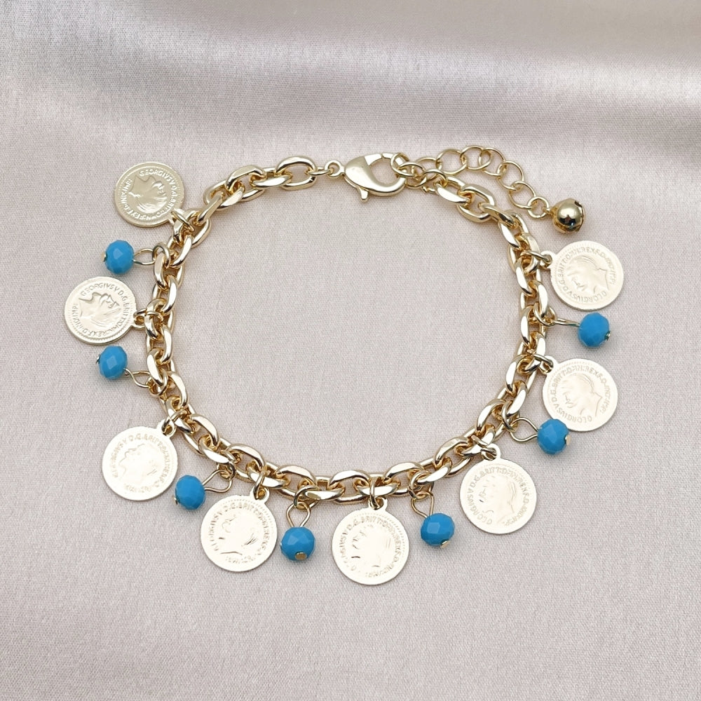 Oro Laminado Charm Bracelet, Gold Filled Style with Turquoise Crystal, Polished, Golden Finish