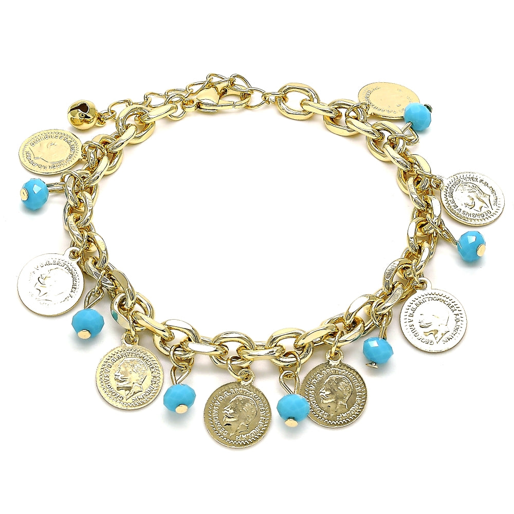 Oro Laminado Charm Bracelet, Gold Filled Style with Turquoise Crystal, Polished, Golden Finish