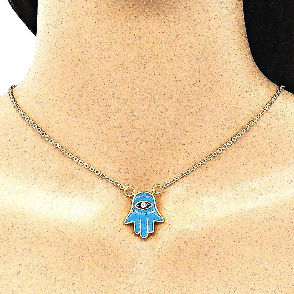 Oro Laminado Pendant Necklace, Gold Filled Style Hand of God Design, with White Cubic Zirconia, Turquoise Enamel Finish, Golden Finish