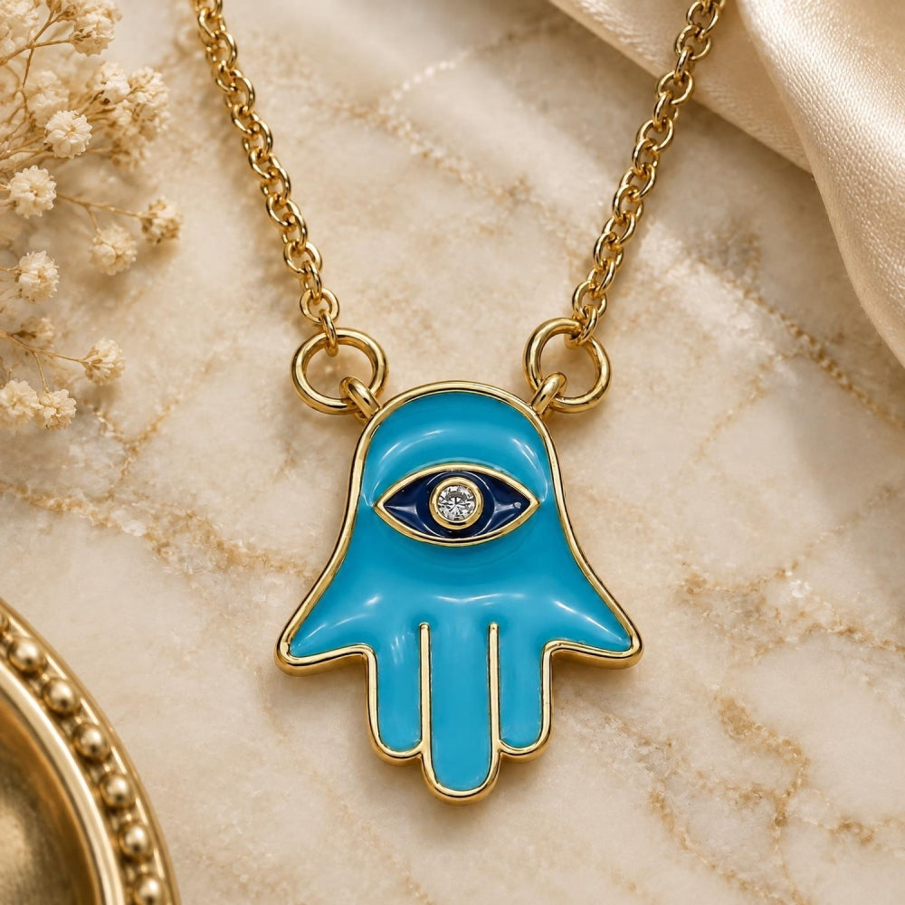 Oro Laminado Pendant Necklace, Gold Filled Style Hand of God and Judaica Design, with White Cubic Zirconia, Turquoise Enamel Finish, Golden Finish