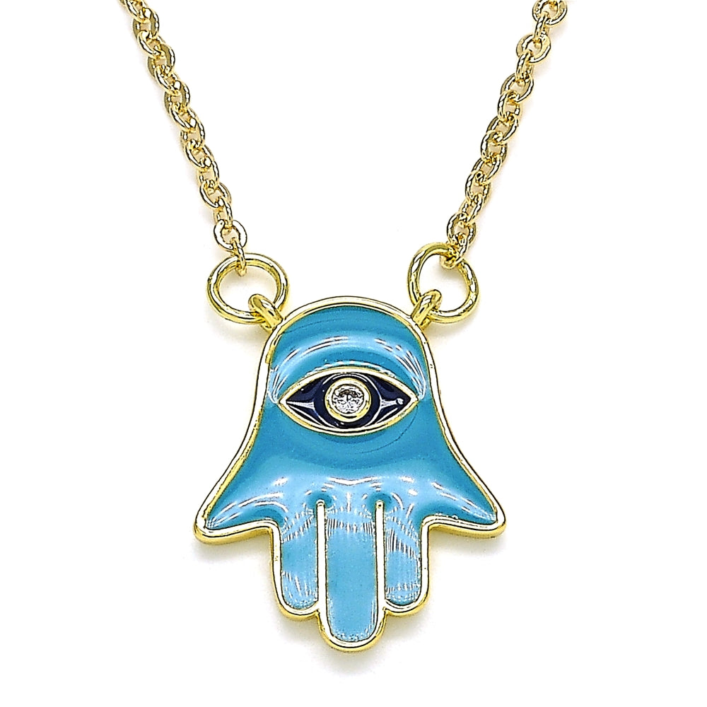 Oro Laminado Pendant Necklace, Gold Filled Style Hand of God Design, with White Cubic Zirconia, Turquoise Enamel Finish, Golden Finish