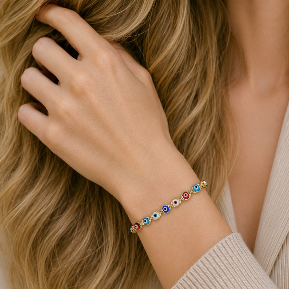 Oro Laminado Fancy Bracelet, Gold Filled Style Evil Eye Design, Multicolor Resin Finish, Golden Finish