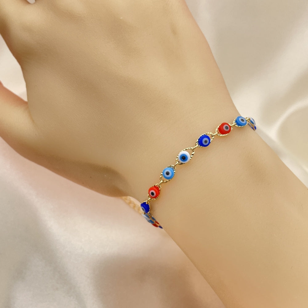 Oro Laminado Fancy Bracelet, Gold Filled Style Evil Eye Design, Multicolor Resin Finish, Golden Finish