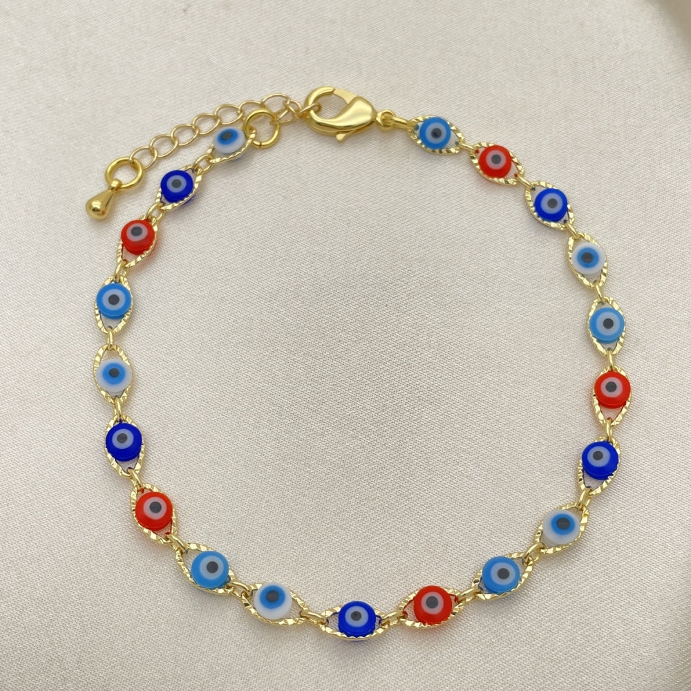 Oro Laminado Fancy Bracelet, Gold Filled Style Evil Eye Design, Multicolor Resin Finish, Golden Finish