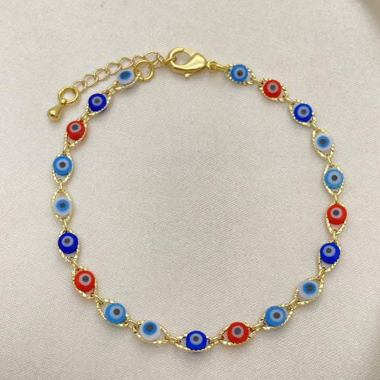 Oro Laminado Fancy Bracelet, Gold Filled Style Evil Eye Design, Multicolor Resin Finish, Golden Finish