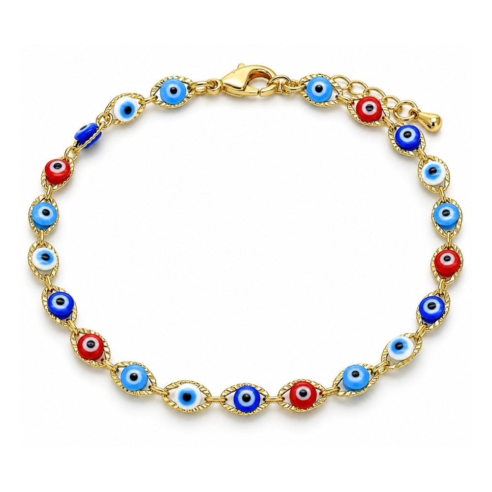 Oro Laminado Fancy Bracelet, Gold Filled Style Evil Eye Design, Multicolor Resin Finish, Golden Finish
