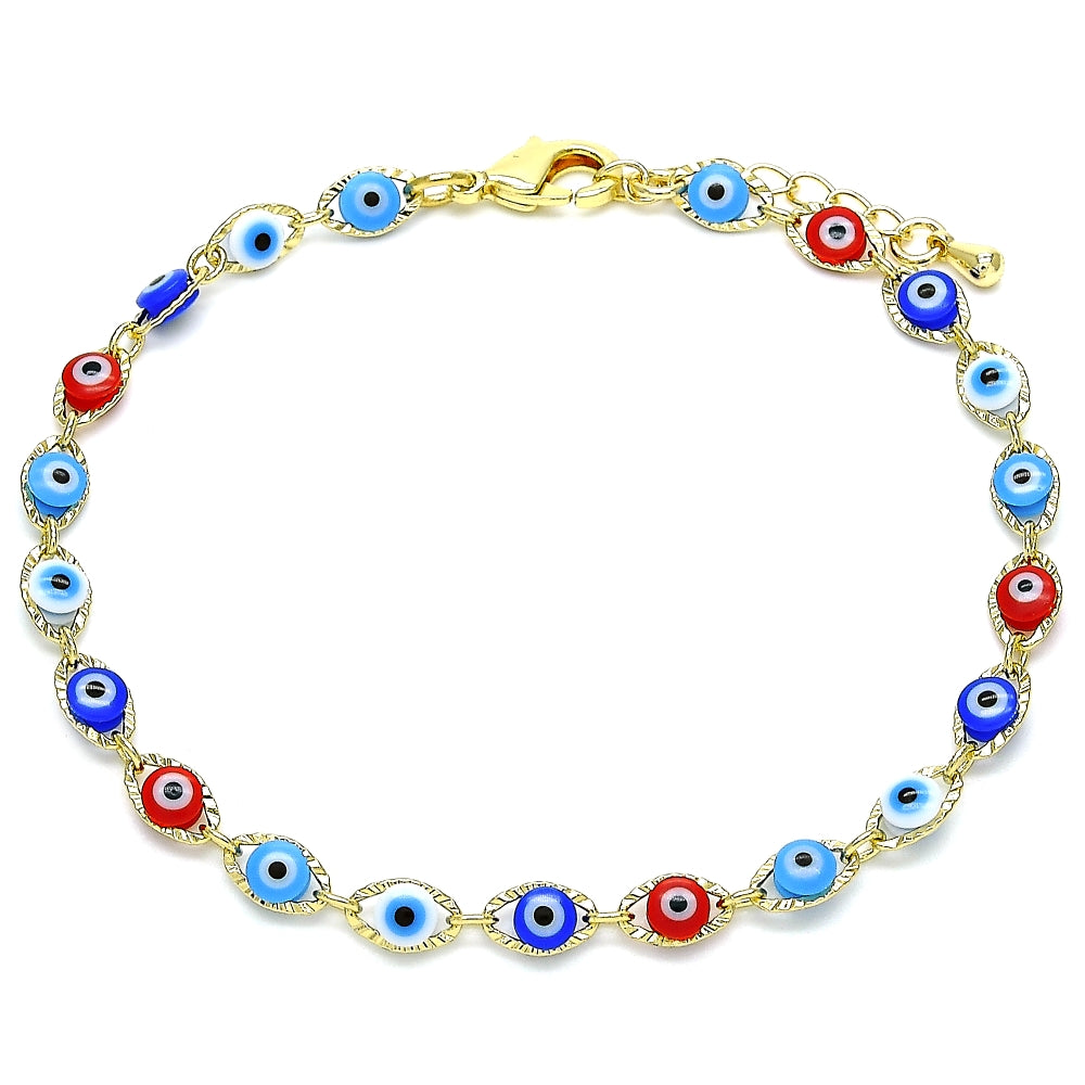 Oro Laminado Fancy Bracelet, Gold Filled Style Evil Eye Design, Multicolor Resin Finish, Golden Finish
