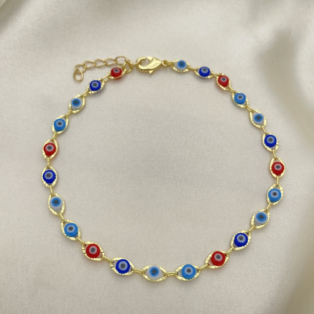 Oro Laminado Fancy Anklet, Gold Filled Style Evil Eye Design, Multicolor Resin Finish, Golden Finish