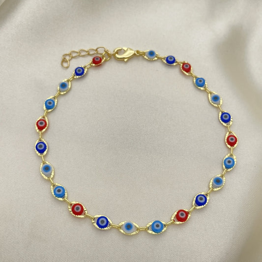 Oro Laminado Fancy Anklet, Gold Filled Style Evil Eye Design, Multicolor Resin Finish, Golden Finish