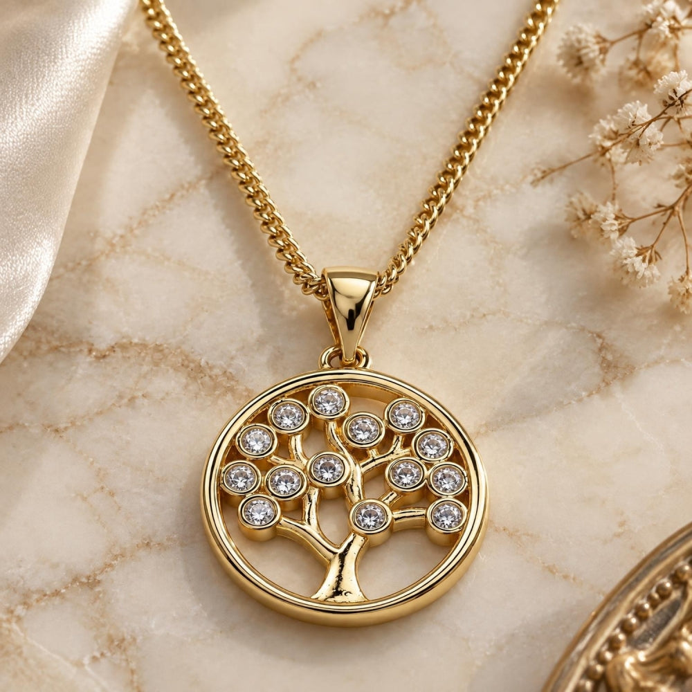 Oro Laminado Pendant Necklace, Gold Filled Style Tree Design, with White Cubic Zirconia, Polished, Golden Finish