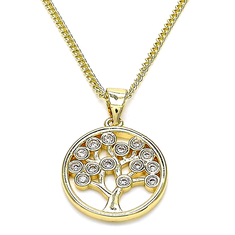 Oro Laminado Pendant Necklace, Gold Filled Style Tree Design, with White Cubic Zirconia, Polished, Golden Finish