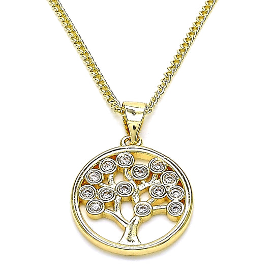 Oro Laminado Pendant Necklace, Gold Filled Style Tree Design, with White Cubic Zirconia, Polished, Golden Finish