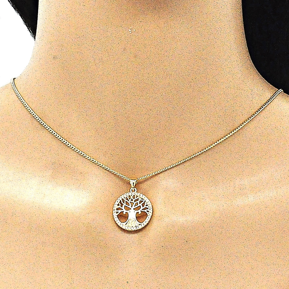Oro Laminado Earring and Pendant Adult Set, Gold Filled Style Tree Design, with White Micro Pave, Polished, Golden Finish