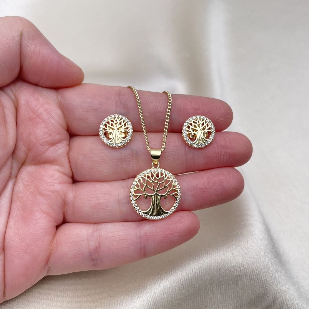 Oro Laminado Earring and Pendant Adult Set, Gold Filled Style Tree Design, with White Micro Pave, Polished, Golden Finish
