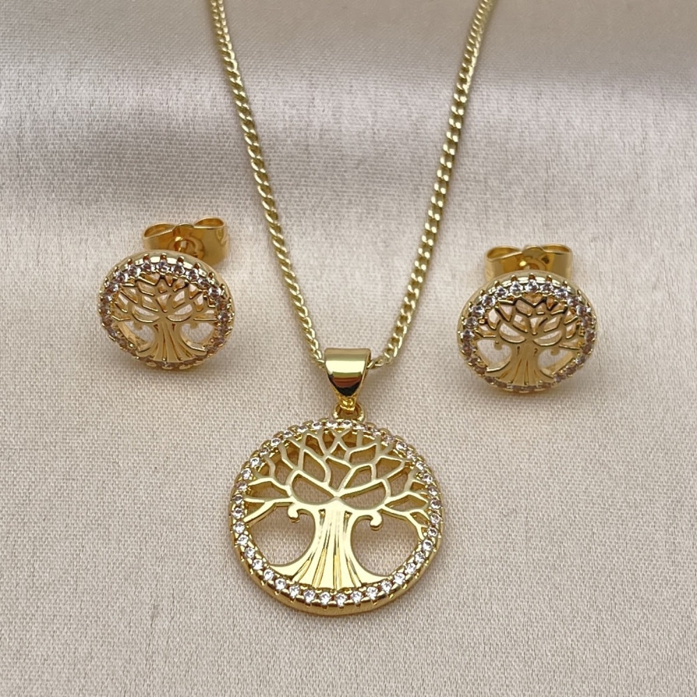 Oro Laminado Earring and Pendant Adult Set, Gold Filled Style Tree Design, with White Micro Pave, Polished, Golden Finish