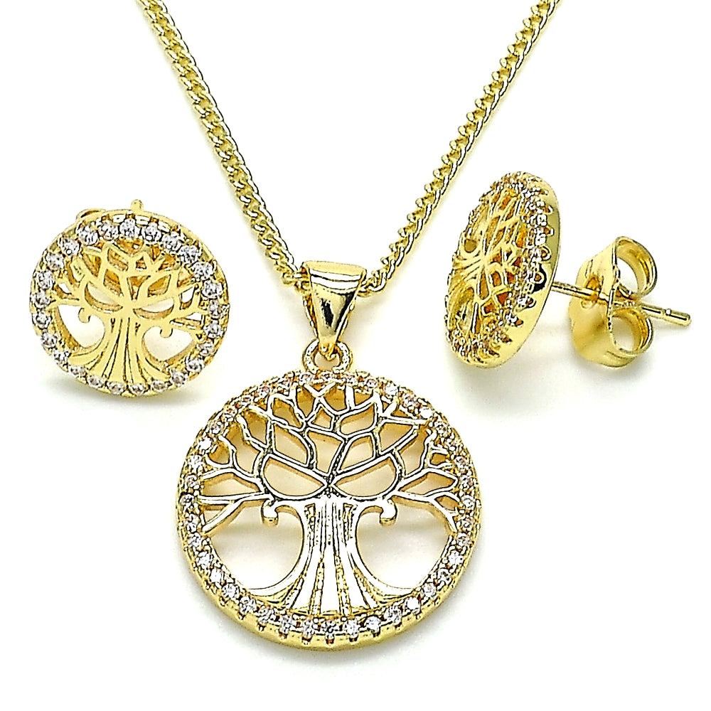 Oro Laminado Earring and Pendant Adult Set, Gold Filled Style Tree Design, with White Micro Pave, Polished, Golden Finish