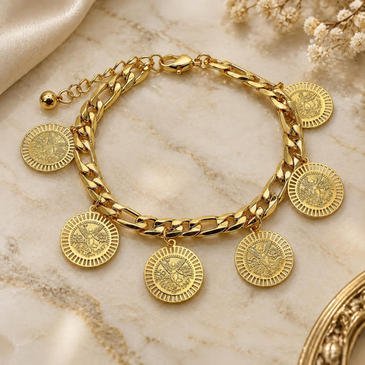 Oro Laminado Charm Bracelet, Gold Filled Style Angel and Centenario Coin Design, Polished, Golden Finish