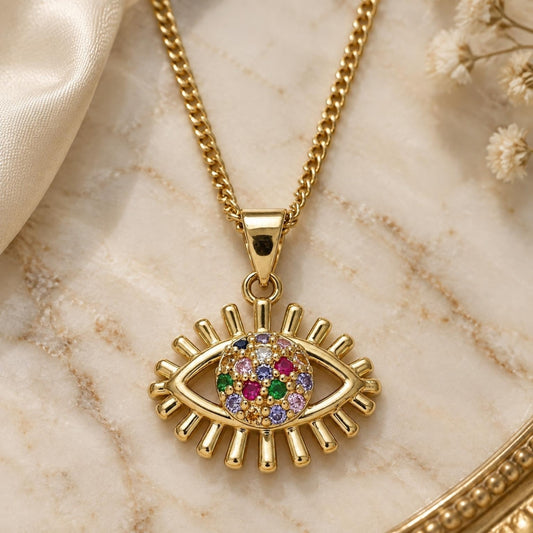 Oro Laminado Pendant Necklace, Gold Filled Style Evil Eye Design, with Multicolor Micro Pave, Polished, Golden Finish