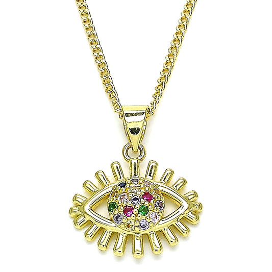 Oro Laminado Pendant Necklace, Gold Filled Style Evil Eye Design, with Multicolor Micro Pave, Polished, Golden Finish
