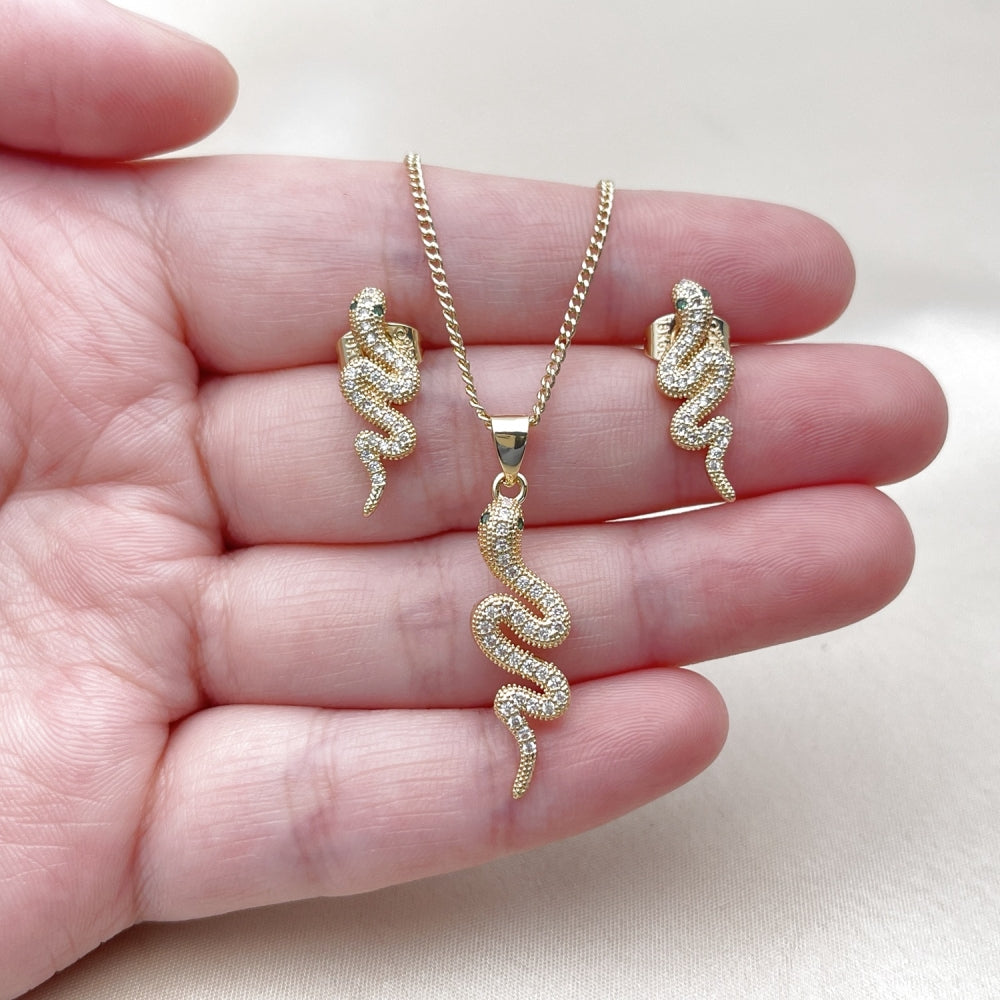 Oro Laminado Earring and Pendant Adult Set, Gold Filled Style Snake Design, with White Micro Pave, Polished, Golden Finish