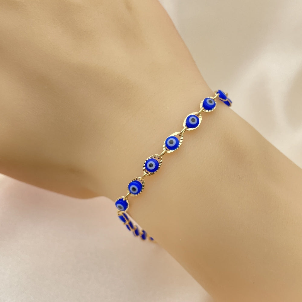 Oro Laminado Fancy Bracelet, Gold Filled Style Evil Eye Design, Blue Resin Finish, Golden Finish